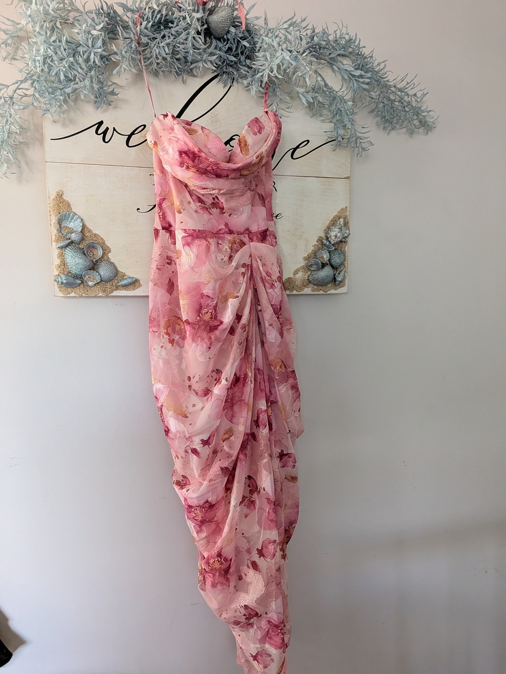 Floral Pink Draped Cowl Neck Long Sleeve Dress